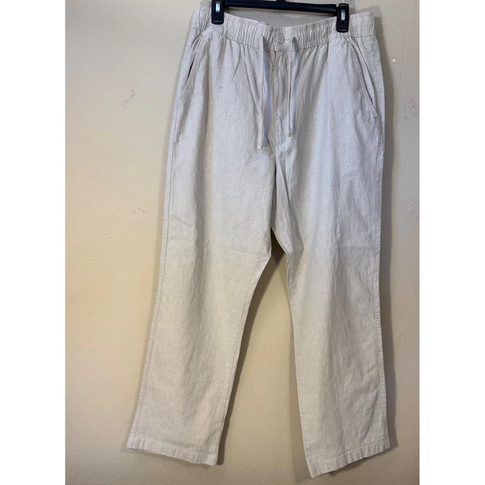 Mutual Weave Beach Pant Men L Khaki Relaxed Cotton Linen Blend Drawstring NEW